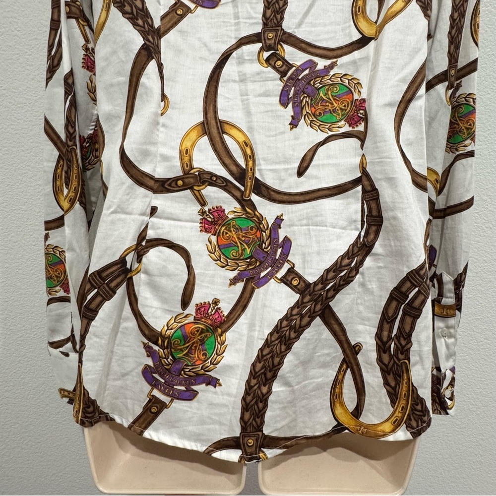 Lauren Ralph Lauren Equestrian Button Up Blouse Horse Bridle‎ Bit Sz 12 Slim Fit - Picture 10 of 16